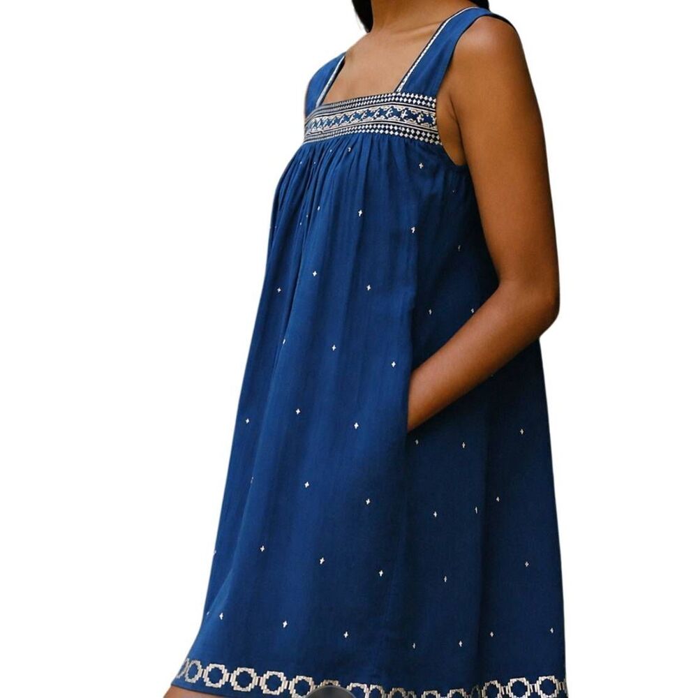 Mer St. Barth Anthropologie Dress Women's Large Blue Sandrine Mini Swin Resort